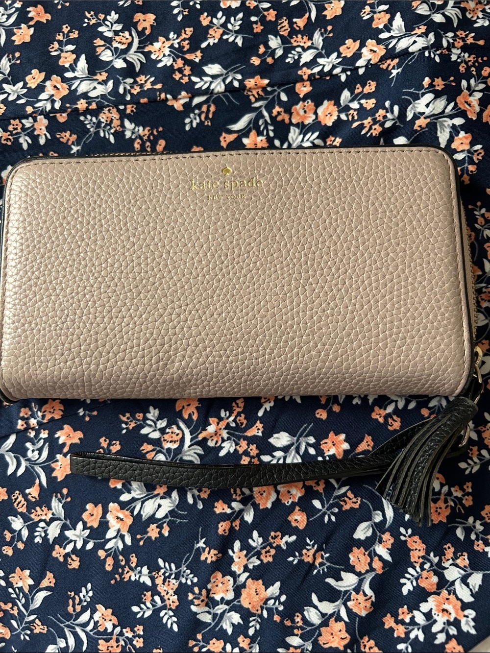 kate spade taupe zip-around wallet/clutch with tassel and strap, ID card slots
